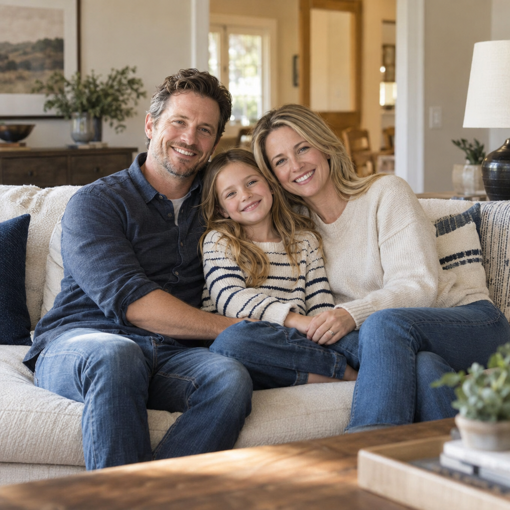 Father, mother and child relaxing together at home